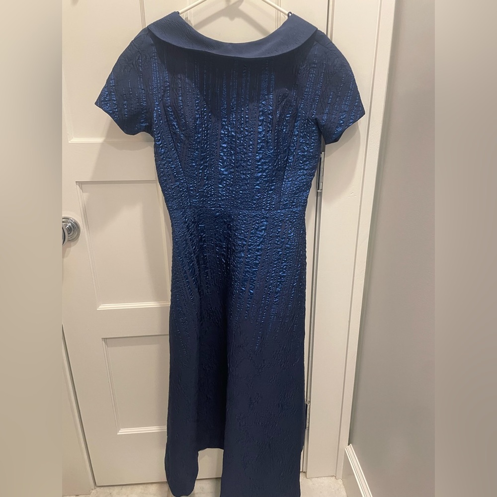 Rickie Freeman Teri Jon shimmer roll neck dress in navy